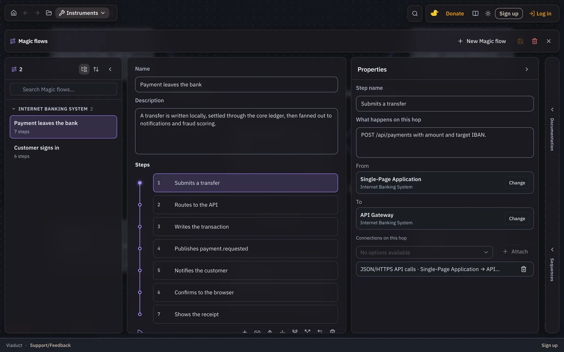 Viaduct flow editor listing the steps of a payment path across containers.